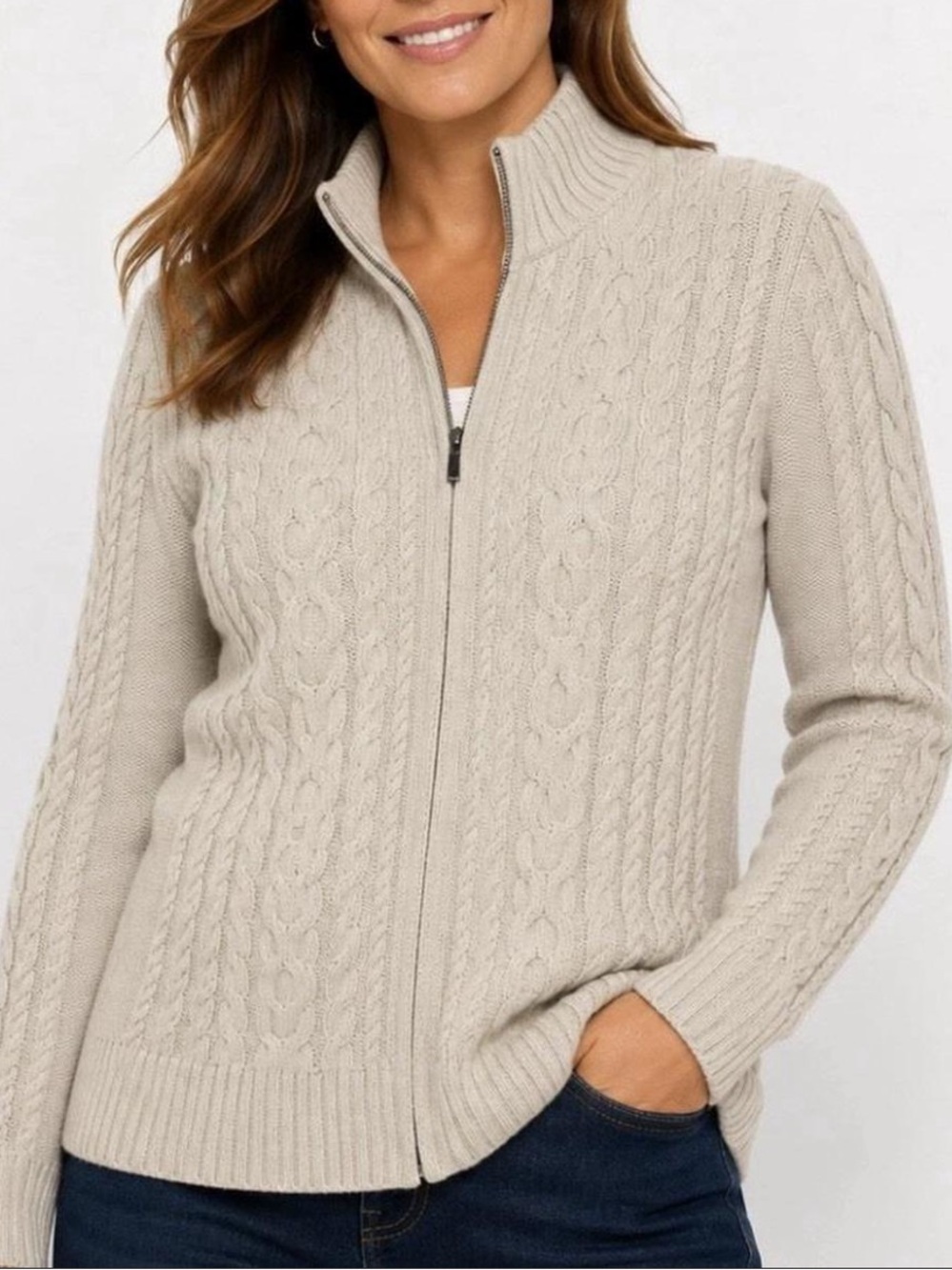 L.L. Bean Cotton Fisherman Sweater Full Zip Classic Cable Knit 100% Cotton L